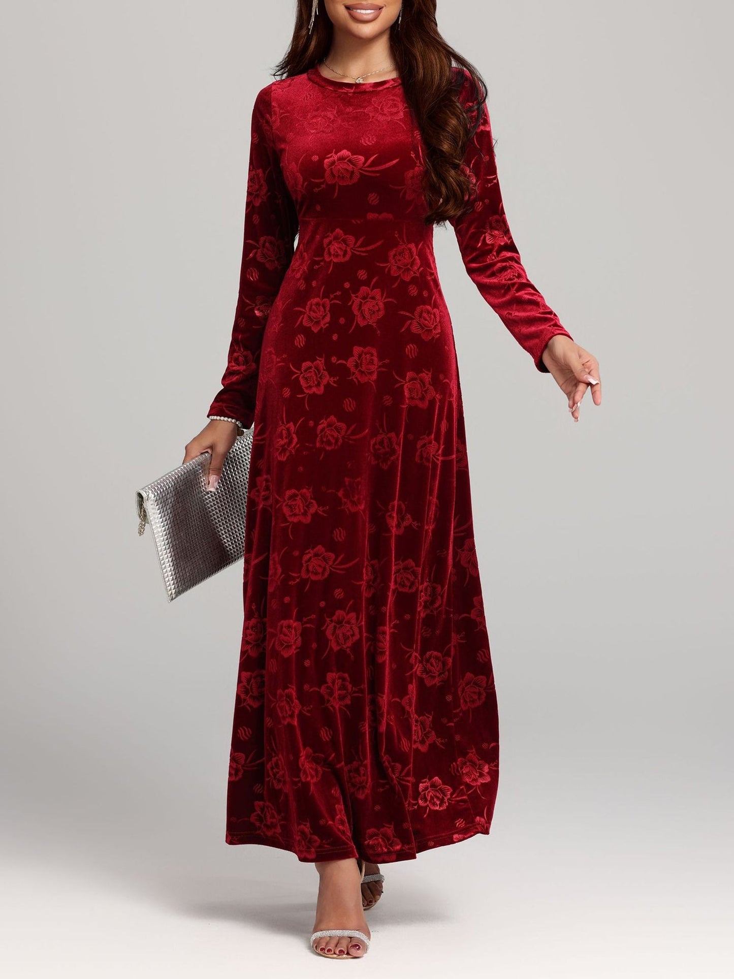 Velvet Floral Textured Round Neck Long Sleeves Maxi Dress