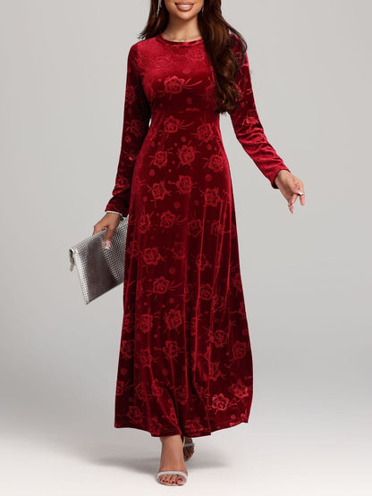 Velvet Floral Textured Round Neck Long Sleeves Maxi Dress