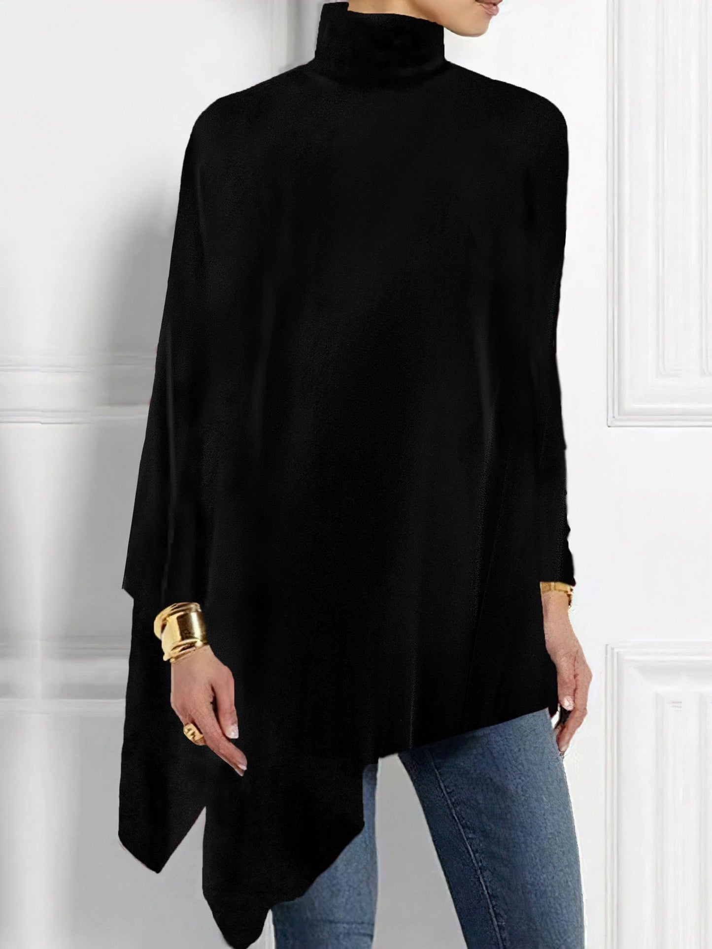 Turtleneck Velvet Long Sleeves Irregular Hem Blouse