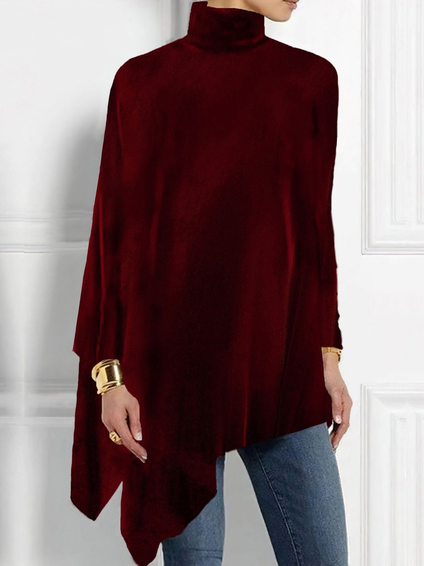 Turtleneck Velvet Long Sleeves Irregular Hem Blouse