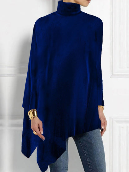 Turtleneck Velvet Long Sleeves Irregular Hem Blouse