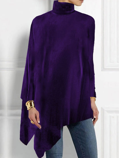 Turtleneck Velvet Long Sleeves Irregular Hem Blouse