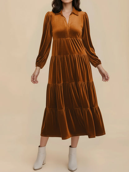 Solid Color Long Sleeve Velvet Tiered Midi Dress