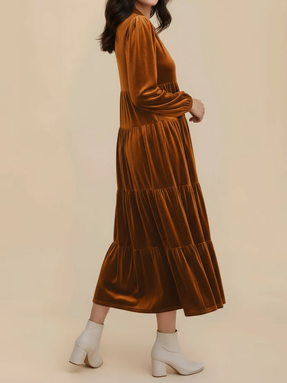 Solid Color Long Sleeve Velvet Tiered Midi Dress