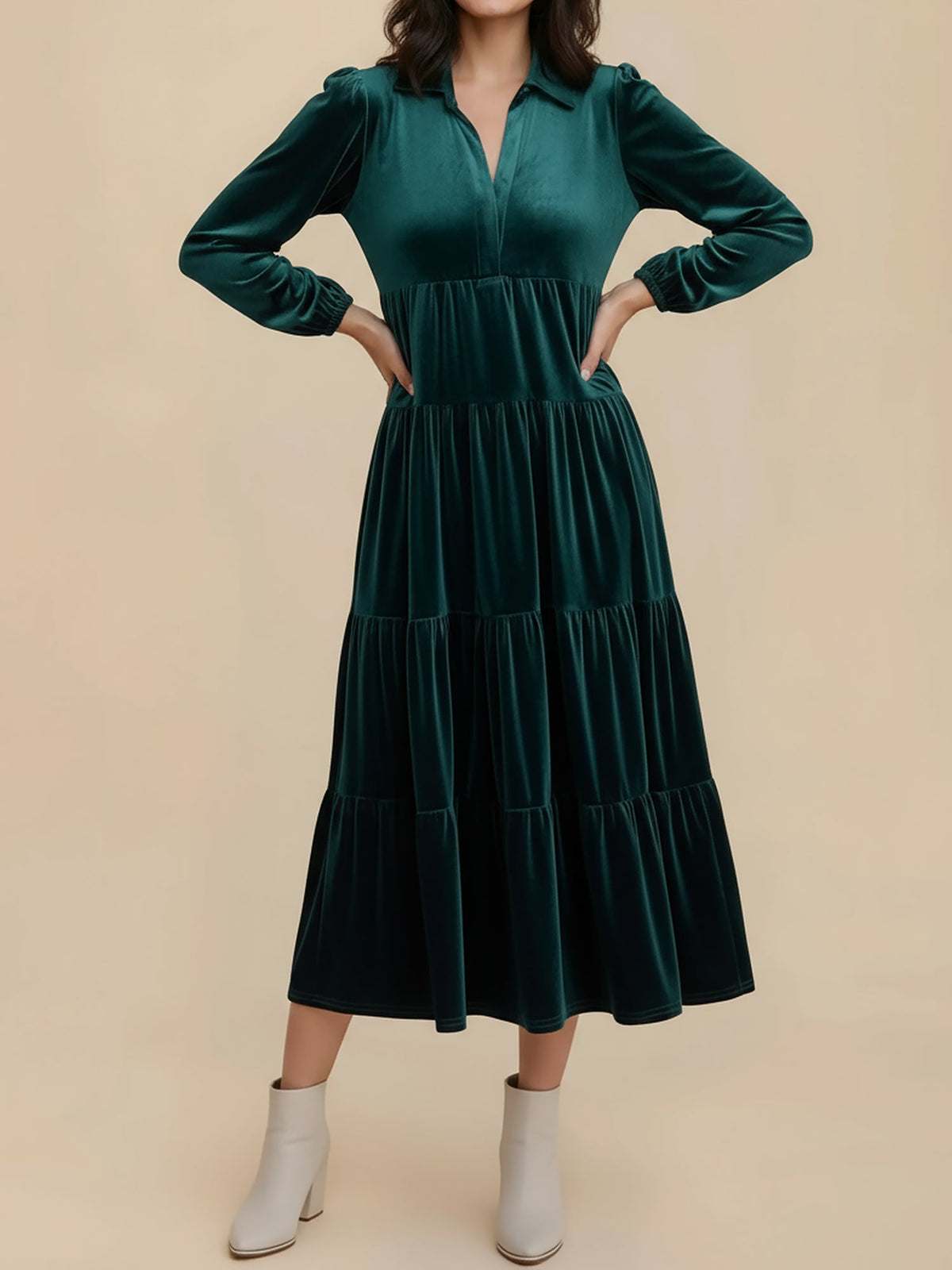 Solid Color Long Sleeve Velvet Tiered Midi Dress