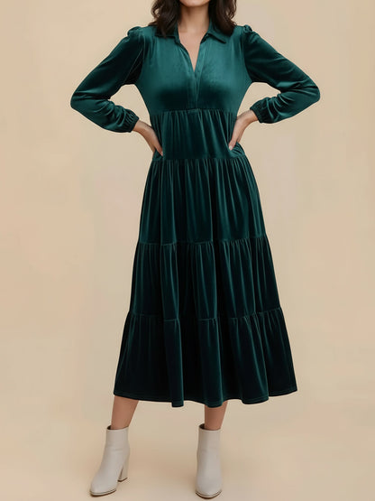 Solid Color Long Sleeve Velvet Tiered Midi Dress