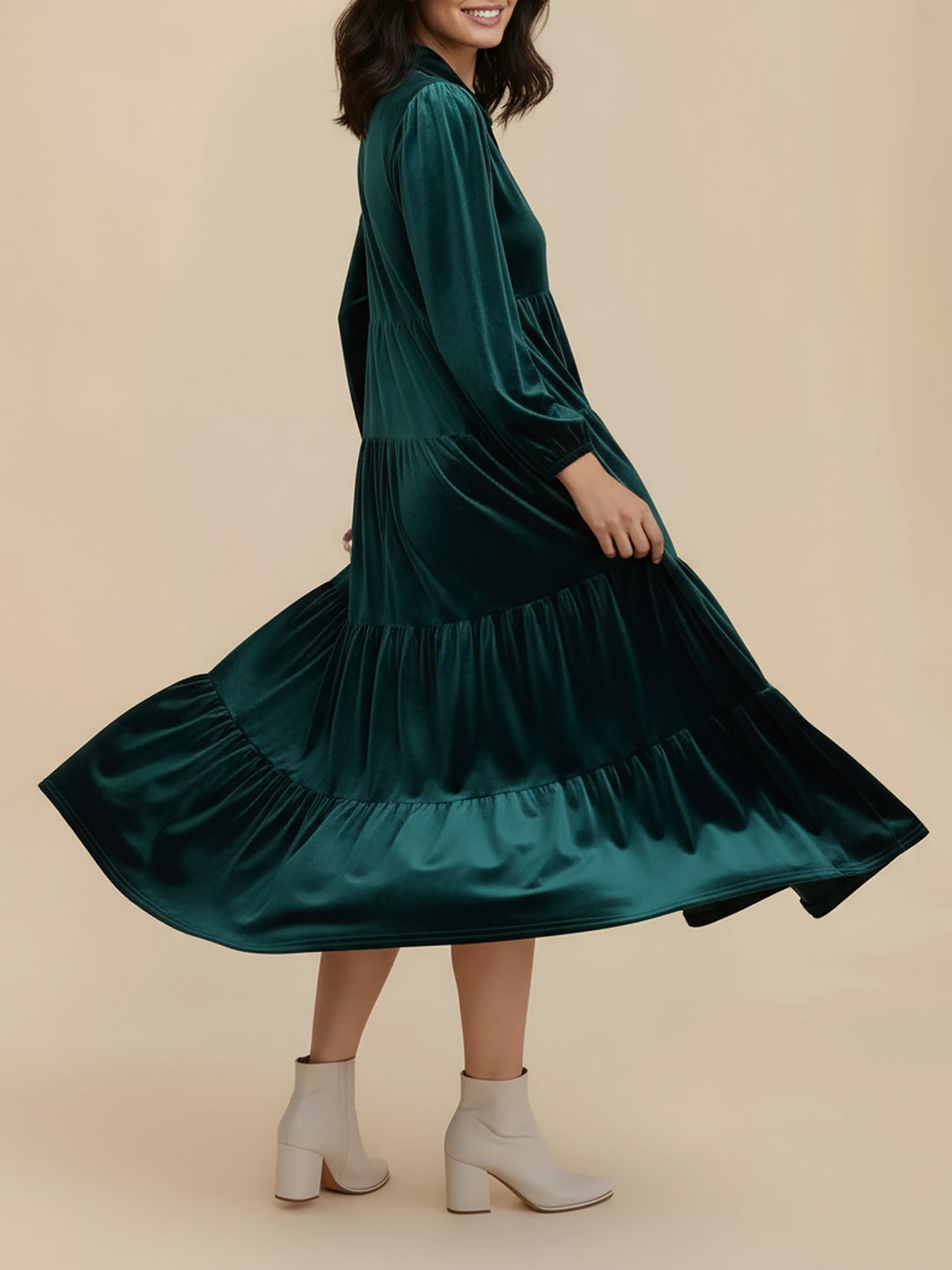 Solid Color Long Sleeve Velvet Tiered Midi Dress