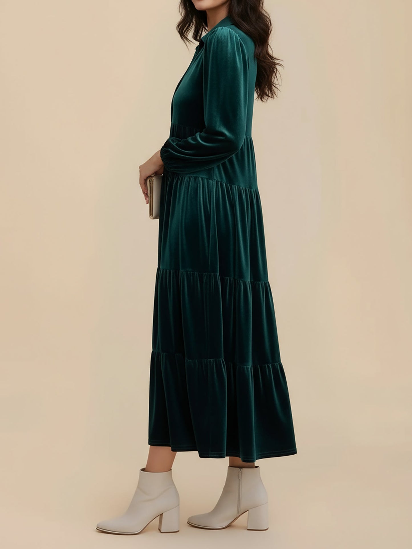 Solid Color Long Sleeve Velvet Tiered Midi Dress