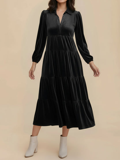 Solid Color Long Sleeve Velvet Tiered Midi Dress