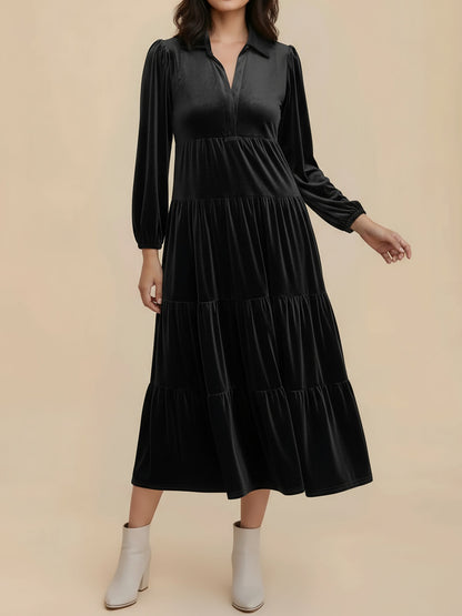 Solid Color Long Sleeve Velvet Tiered Midi Dress