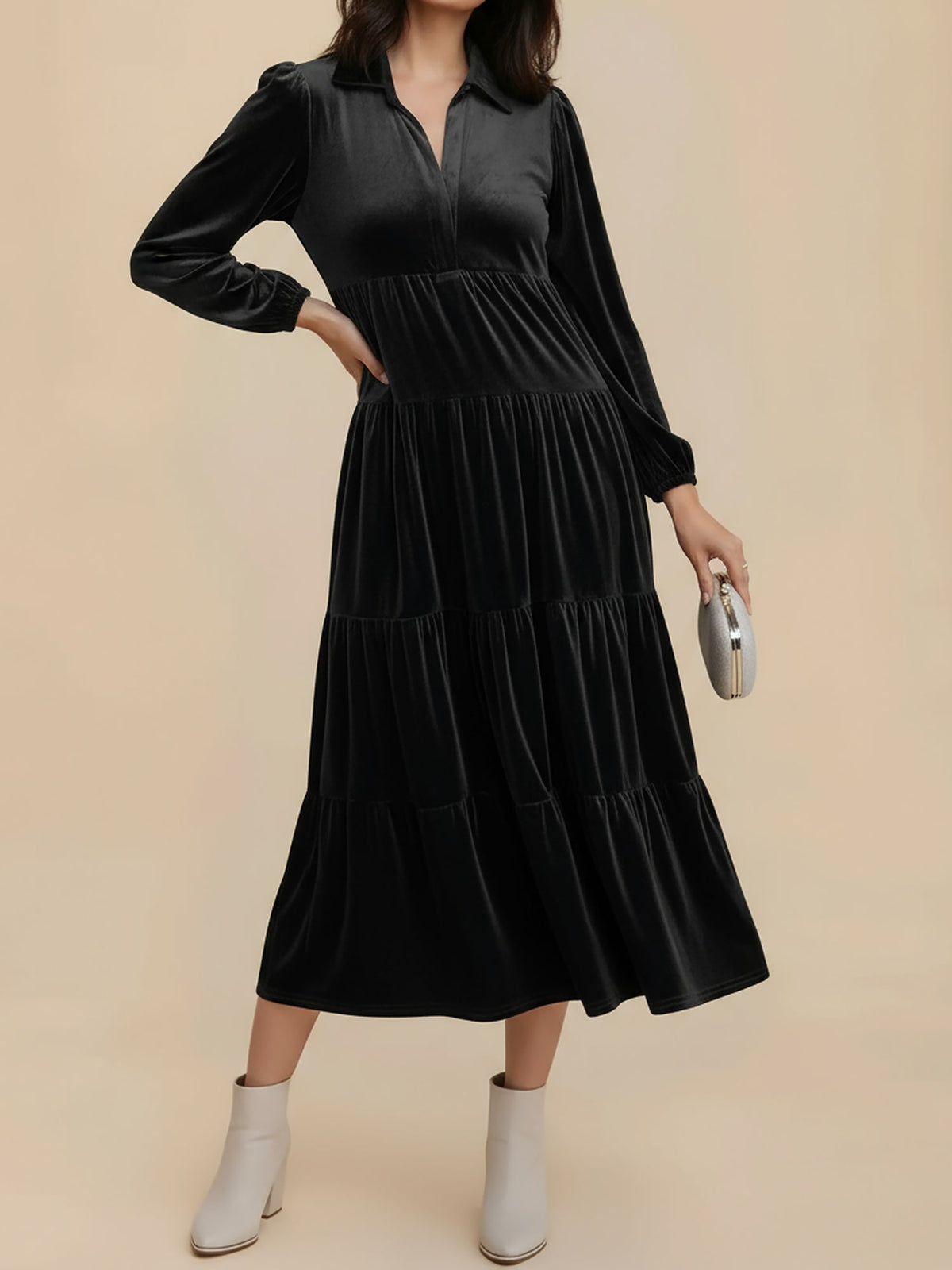 Solid Color Long Sleeve Velvet Tiered Midi Dress