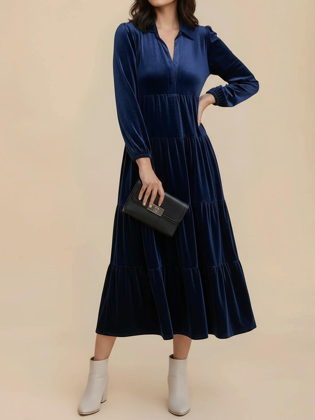 Solid Color Long Sleeve Velvet Tiered Midi Dress