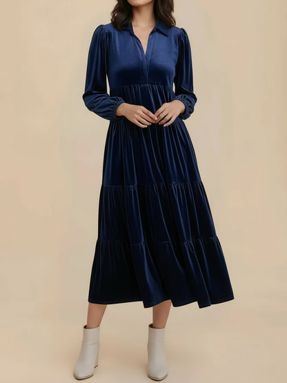Solid Color Long Sleeve Velvet Tiered Midi Dress