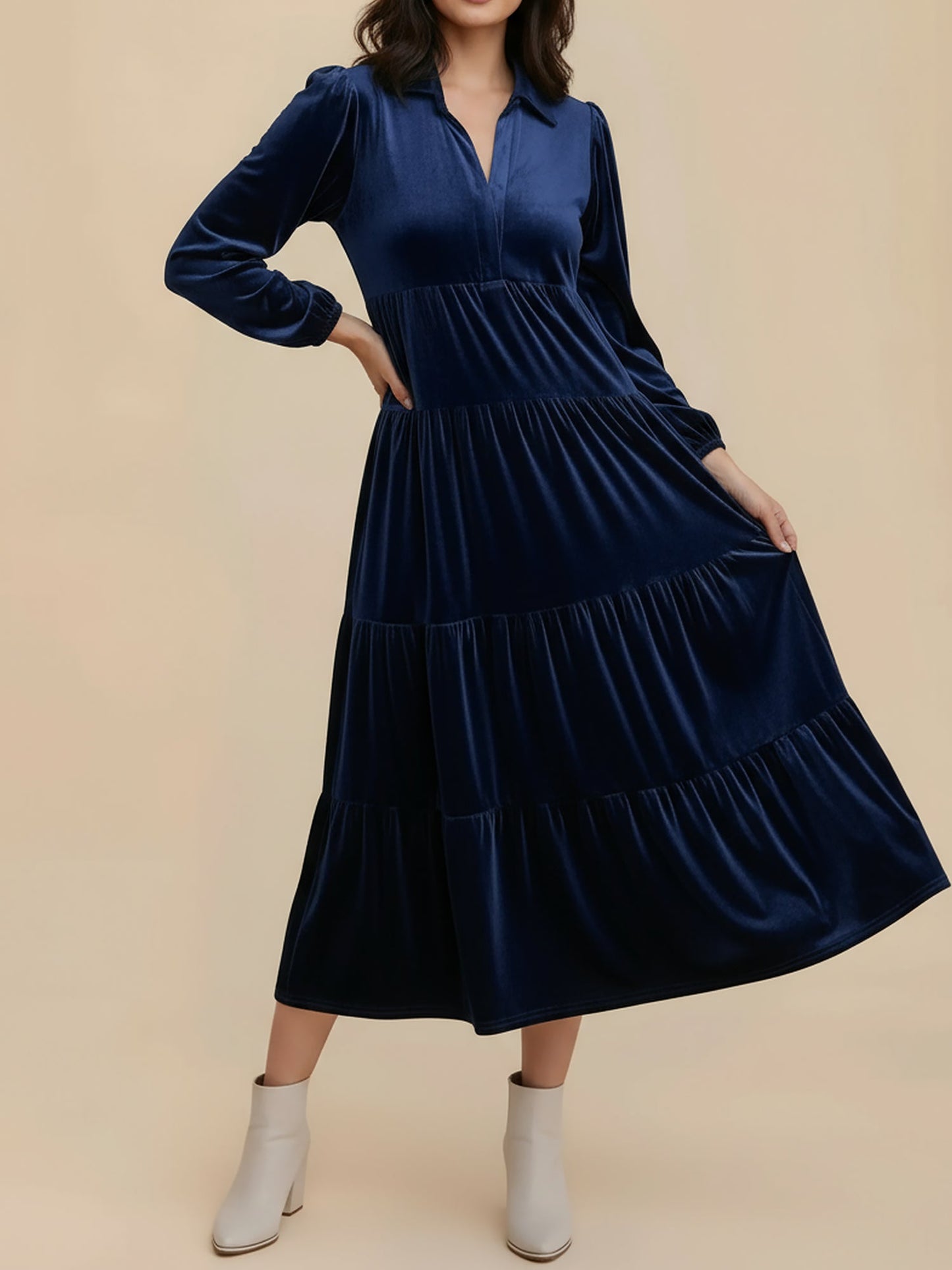 Solid Color Long Sleeve Velvet Tiered Midi Dress
