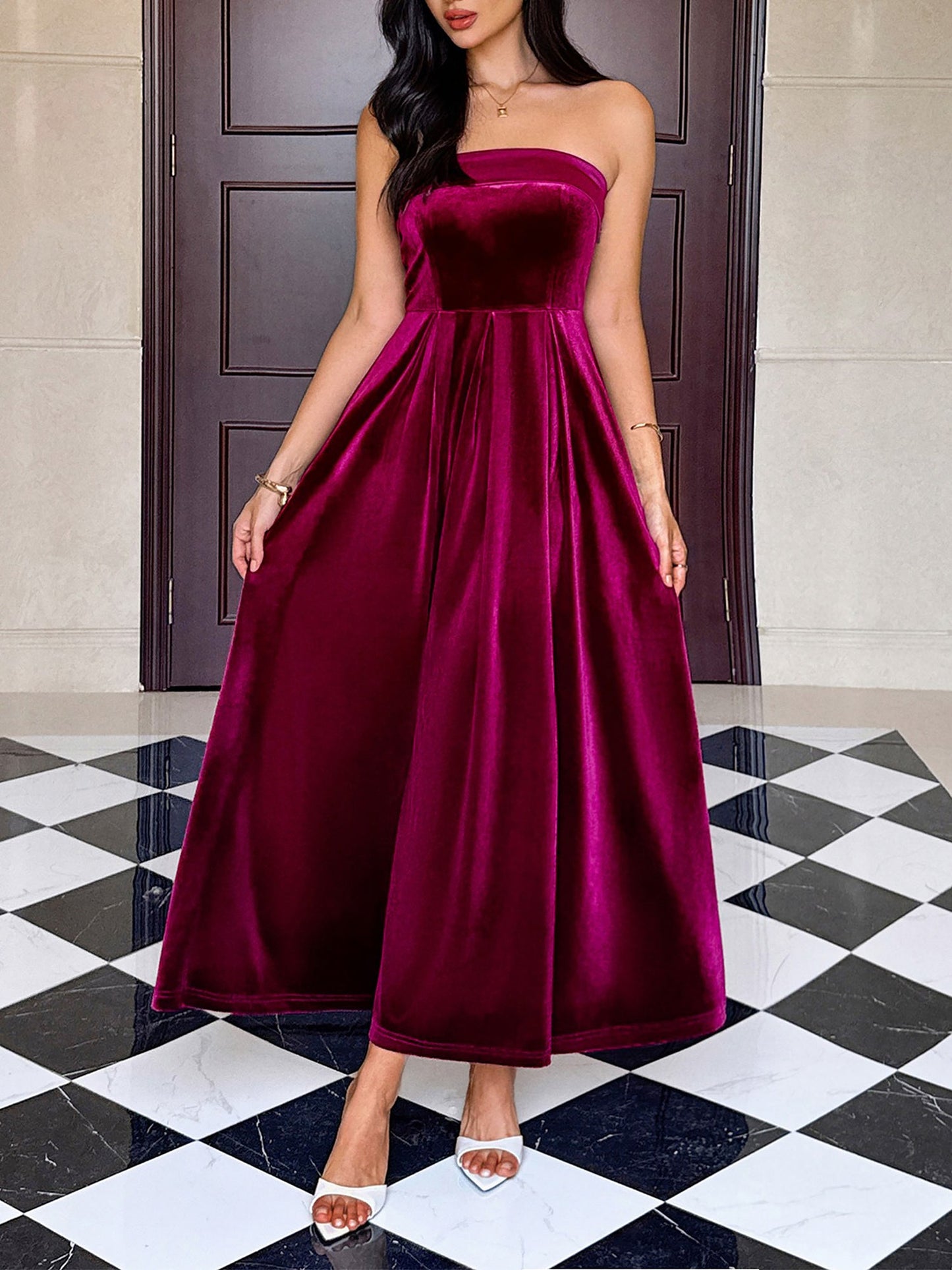 Strapless Velvet Backless Evening Gown Maxi Dress