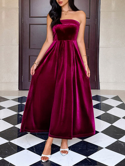 Strapless Velvet Backless Evening Gown Maxi Dress