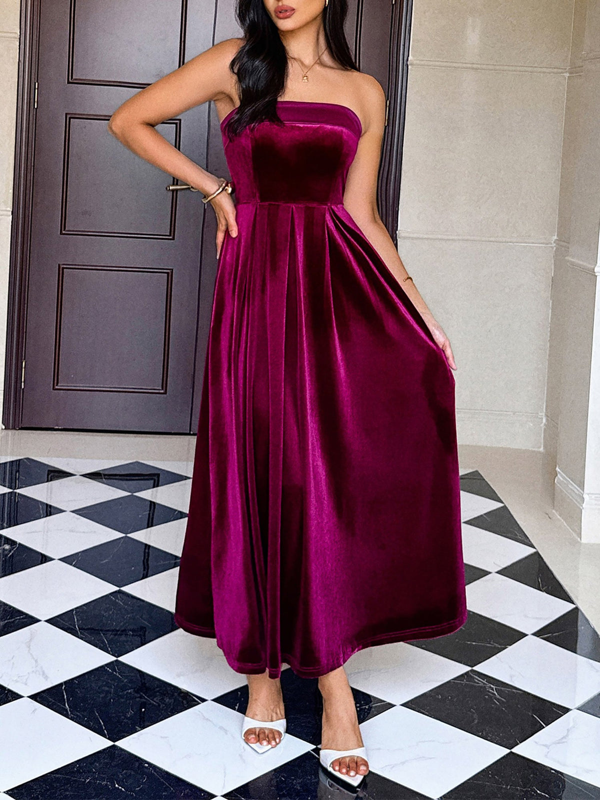 Strapless Velvet Backless Evening Gown Maxi Dress