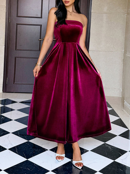 Strapless Velvet Backless Evening Gown Maxi Dress