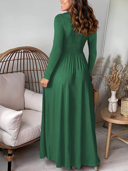 Deep V Neck Long Sleeve Ruched Slit Evening Dress