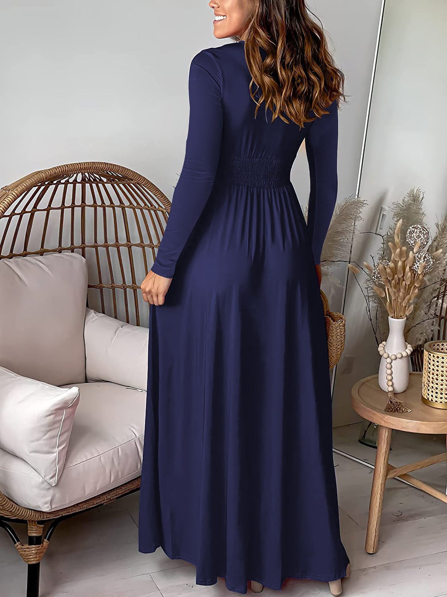 Deep V Neck Long Sleeve Ruched Slit Evening Dress