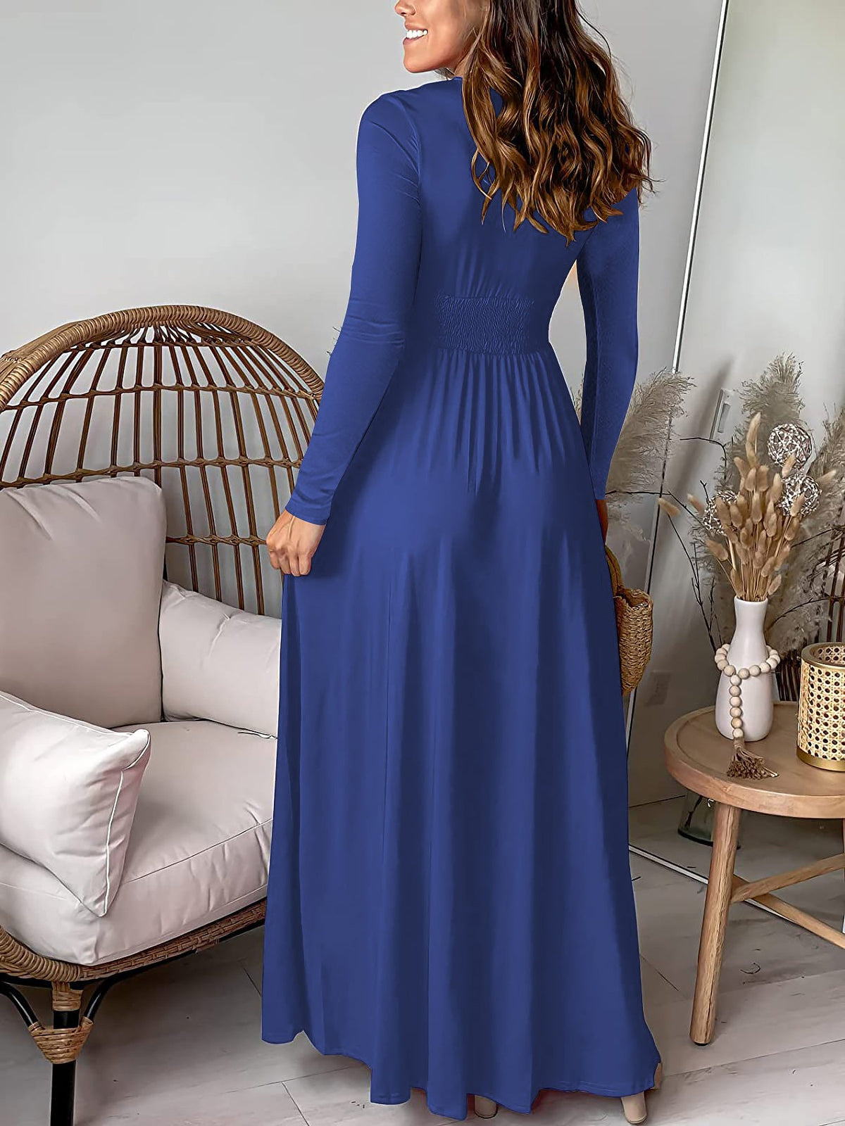 Deep V Neck Long Sleeve Ruched Slit Evening Dress