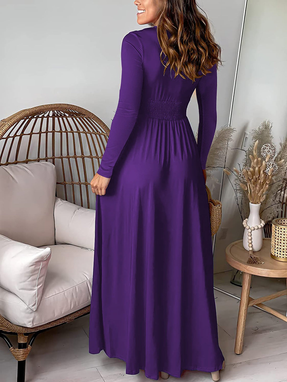 Deep V Neck Long Sleeve Ruched Slit Evening Dress