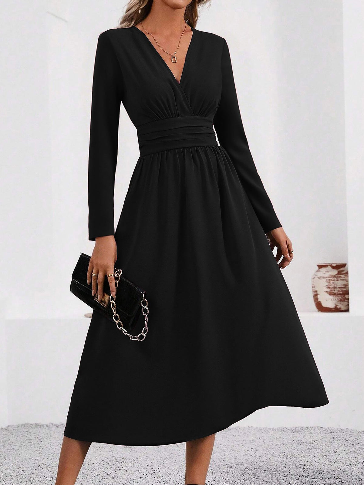 V Neck Long Sleeves Ruched Smocked Midi A-Line Dress