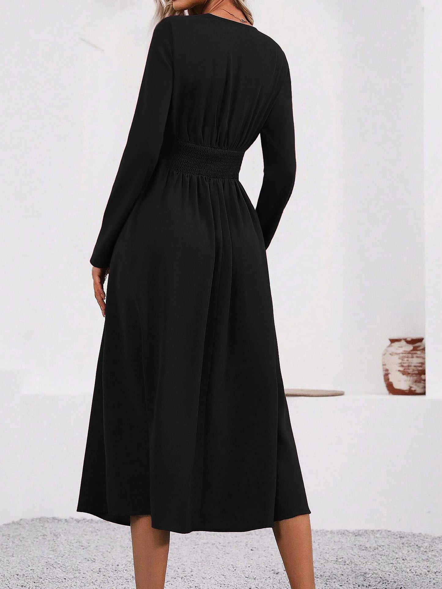 V Neck Long Sleeves Ruched Smocked Midi A-Line Dress