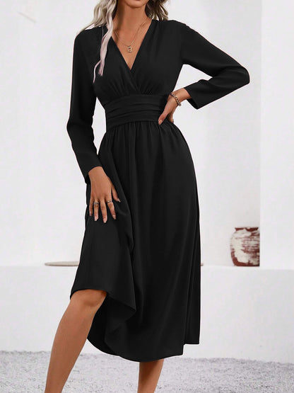 V Neck Long Sleeves Ruched Smocked Midi A-Line Dress