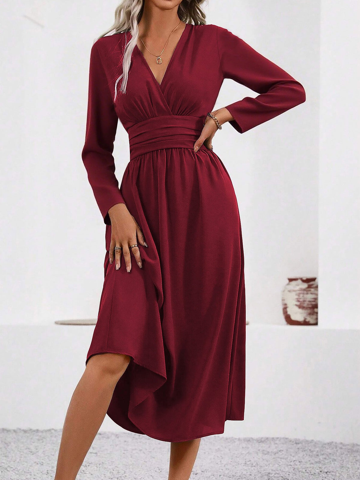 V Neck Long Sleeves Ruched Smocked Midi A-Line Dress