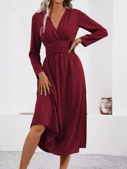 V Neck Long Sleeves Ruched Smocked Midi A-Line Dress