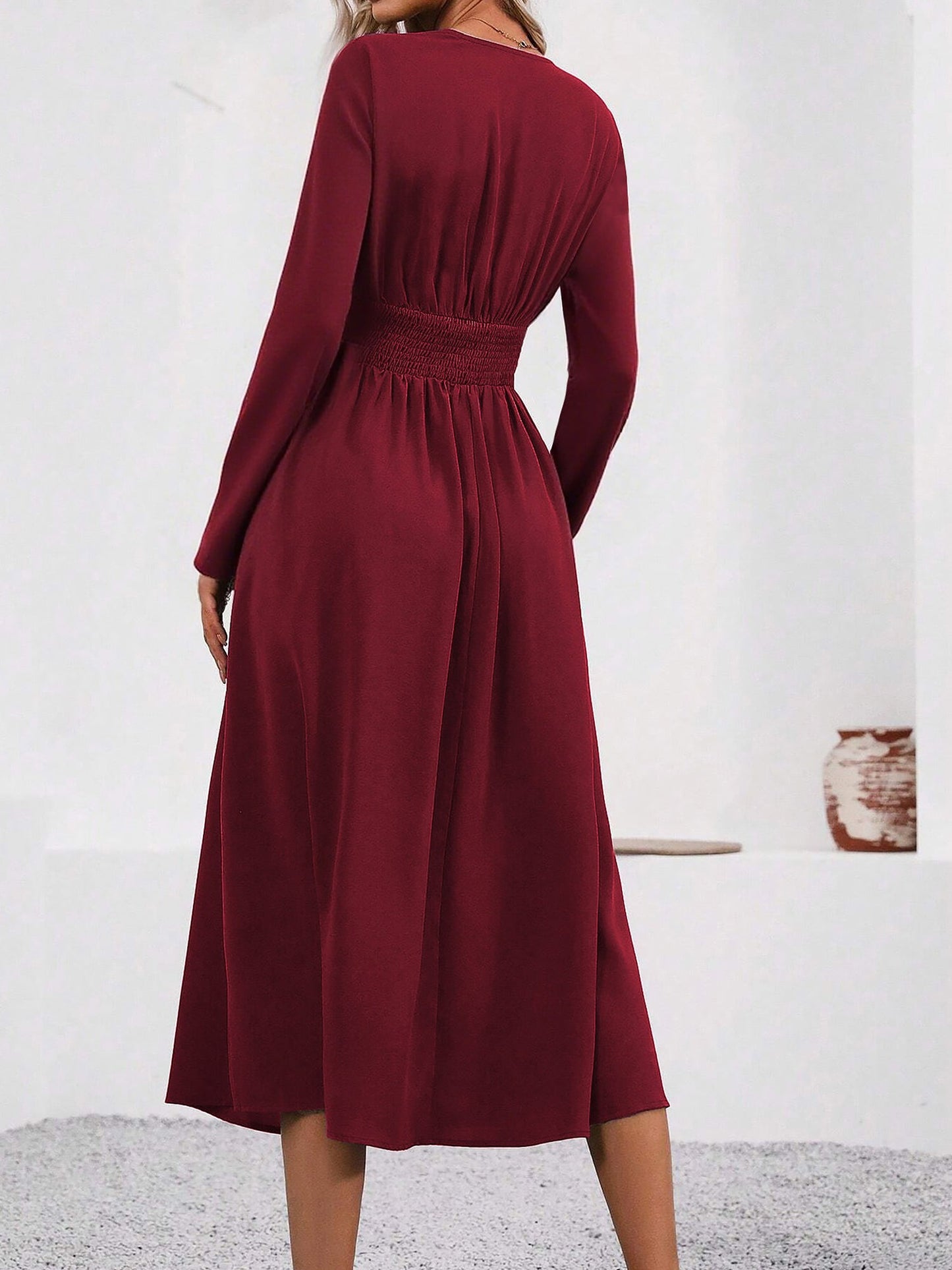 V Neck Long Sleeves Ruched Smocked Midi A-Line Dress
