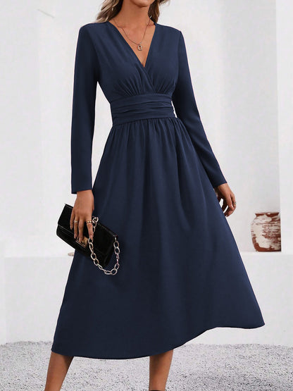 V Neck Long Sleeves Ruched Smocked Midi A-Line Dress