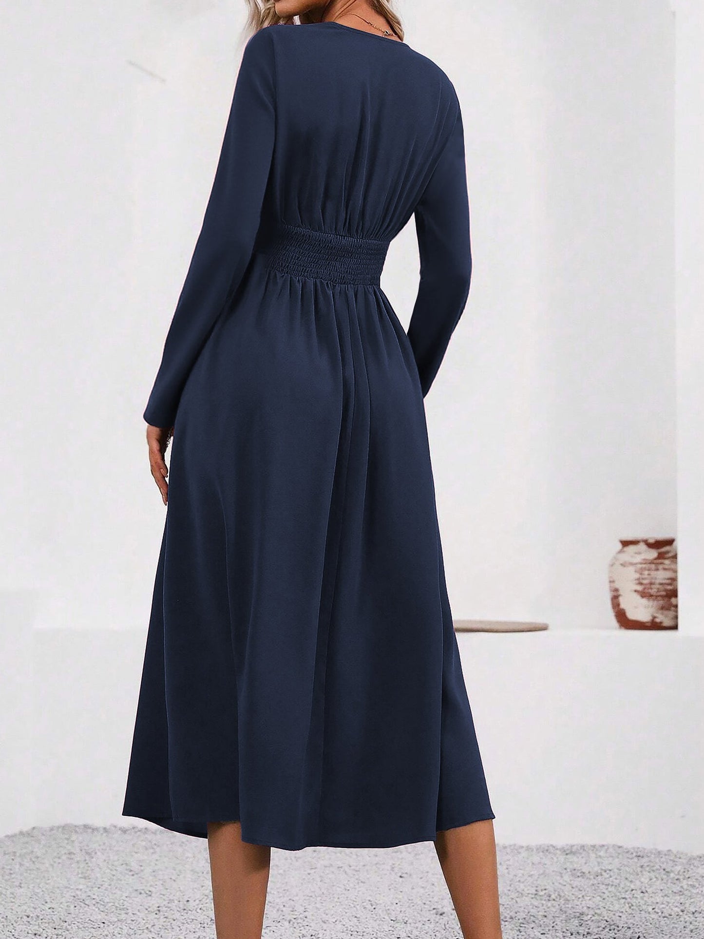 V Neck Long Sleeves Ruched Smocked Midi A-Line Dress