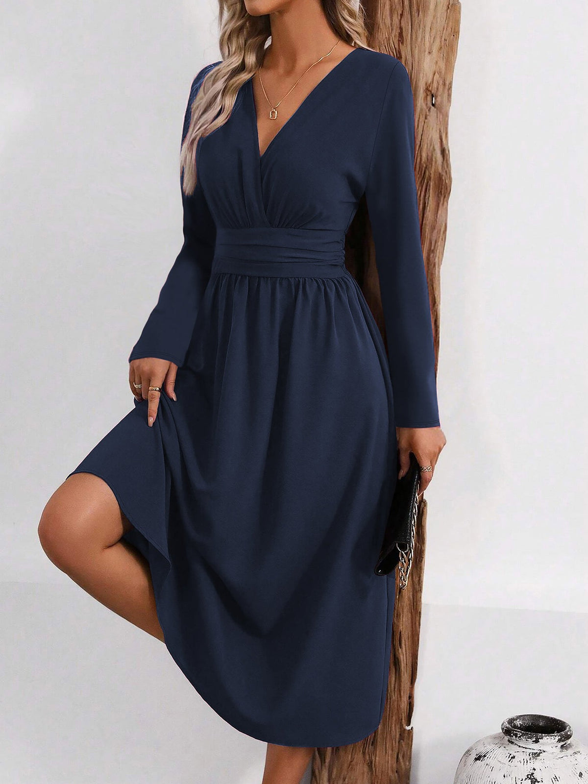 V Neck Long Sleeves Ruched Smocked Midi A-Line Dress