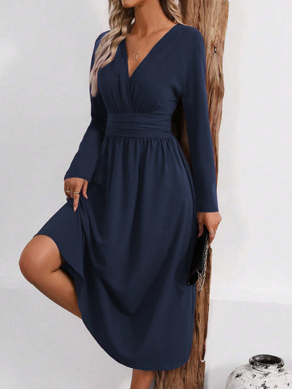 V Neck Long Sleeves Ruched Smocked Midi A-Line Dress