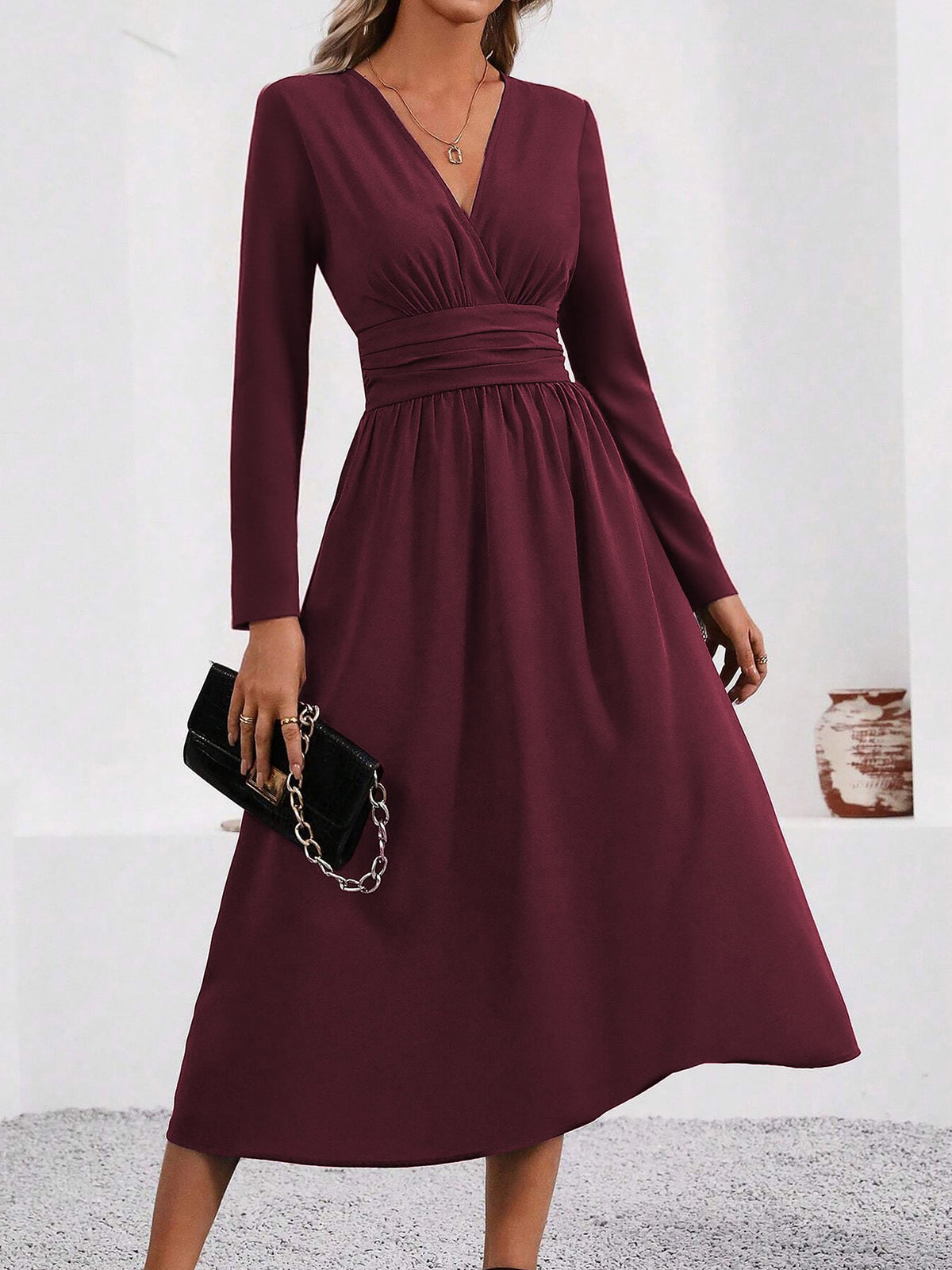 V Neck Long Sleeves Ruched Smocked Midi A-Line Dress
