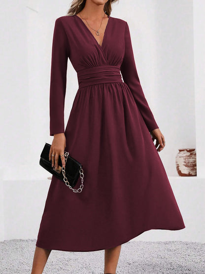 V Neck Long Sleeves Ruched Smocked Midi A-Line Dress