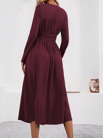 V Neck Long Sleeves Ruched Smocked Midi A-Line Dress