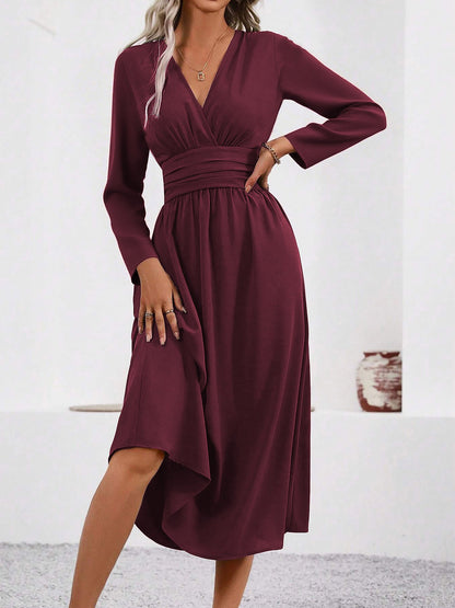 V Neck Long Sleeves Ruched Smocked Midi A-Line Dress