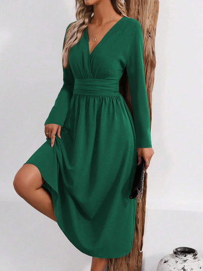 V Neck Long Sleeves Ruched Smocked Midi A-Line Dress