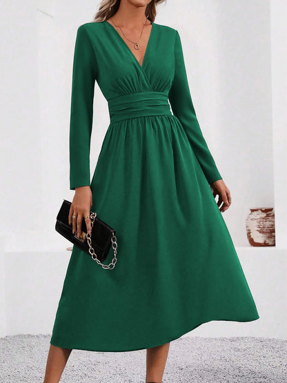 V Neck Long Sleeves Ruched Smocked Midi A-Line Dress
