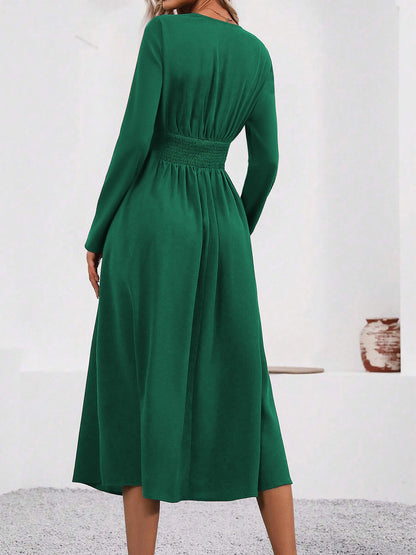 V Neck Long Sleeves Ruched Smocked Midi A-Line Dress