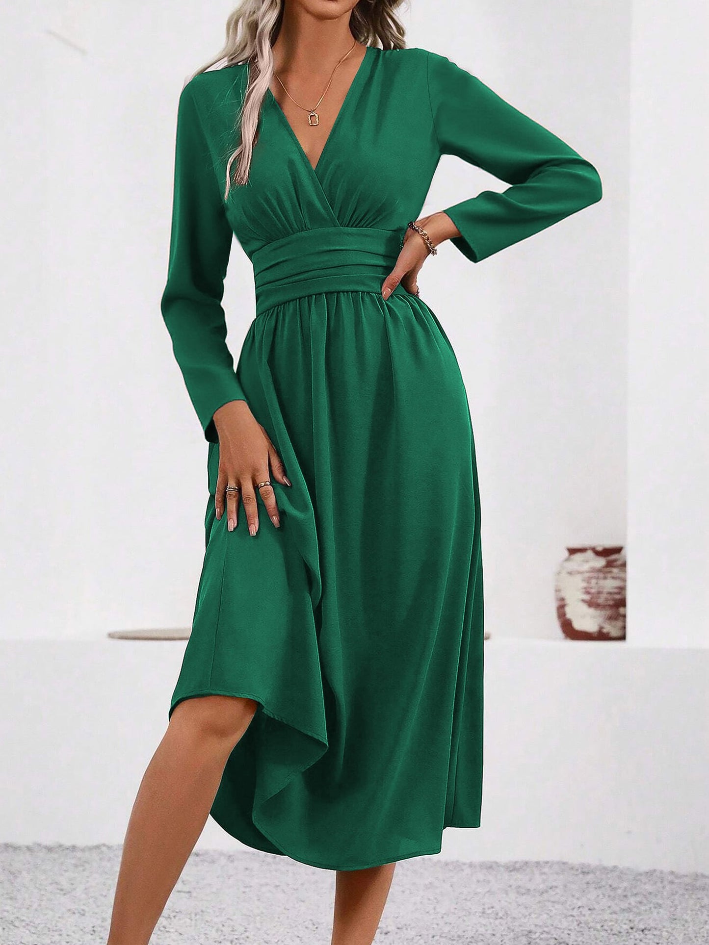 V Neck Long Sleeves Ruched Smocked Midi A-Line Dress