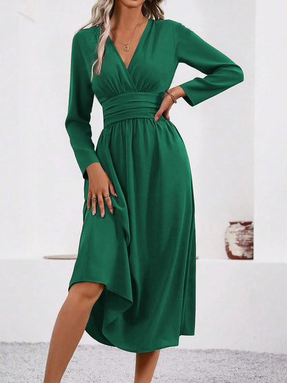 V Neck Long Sleeves Ruched Smocked Midi A-Line Dress