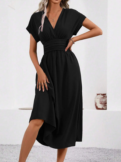 V Neck Short Sleeves Ruched Smocked A-Line Midi Dress