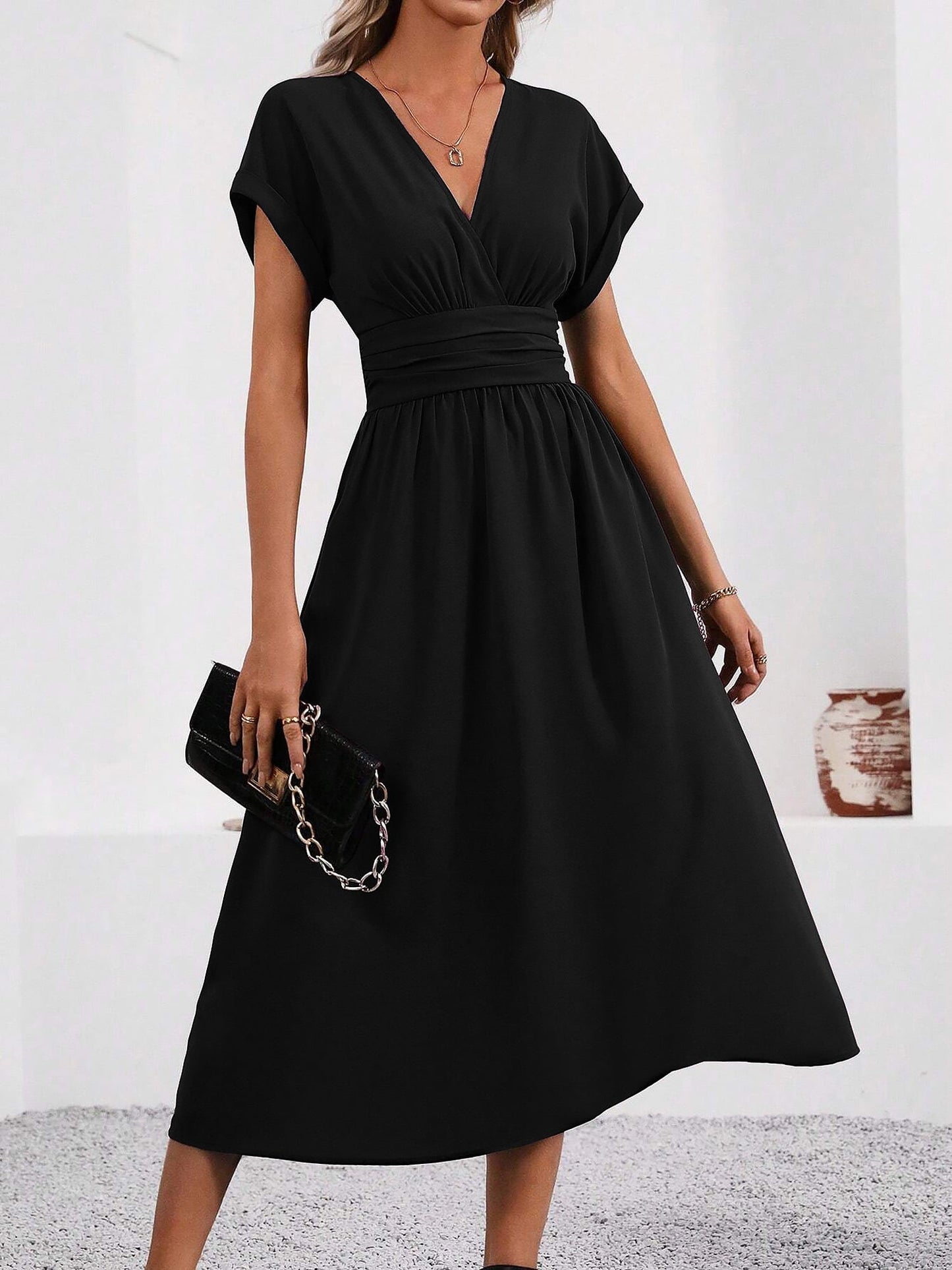 V Neck Short Sleeves Ruched Smocked A-Line Midi Dress