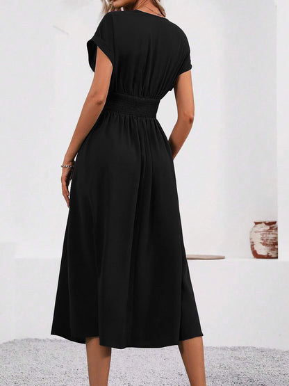 V Neck Short Sleeves Ruched Smocked A-Line Midi Dress