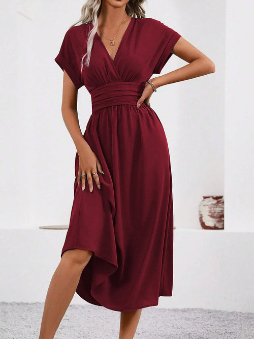 V Neck Short Sleeves Ruched Smocked A-Line Midi Dress
