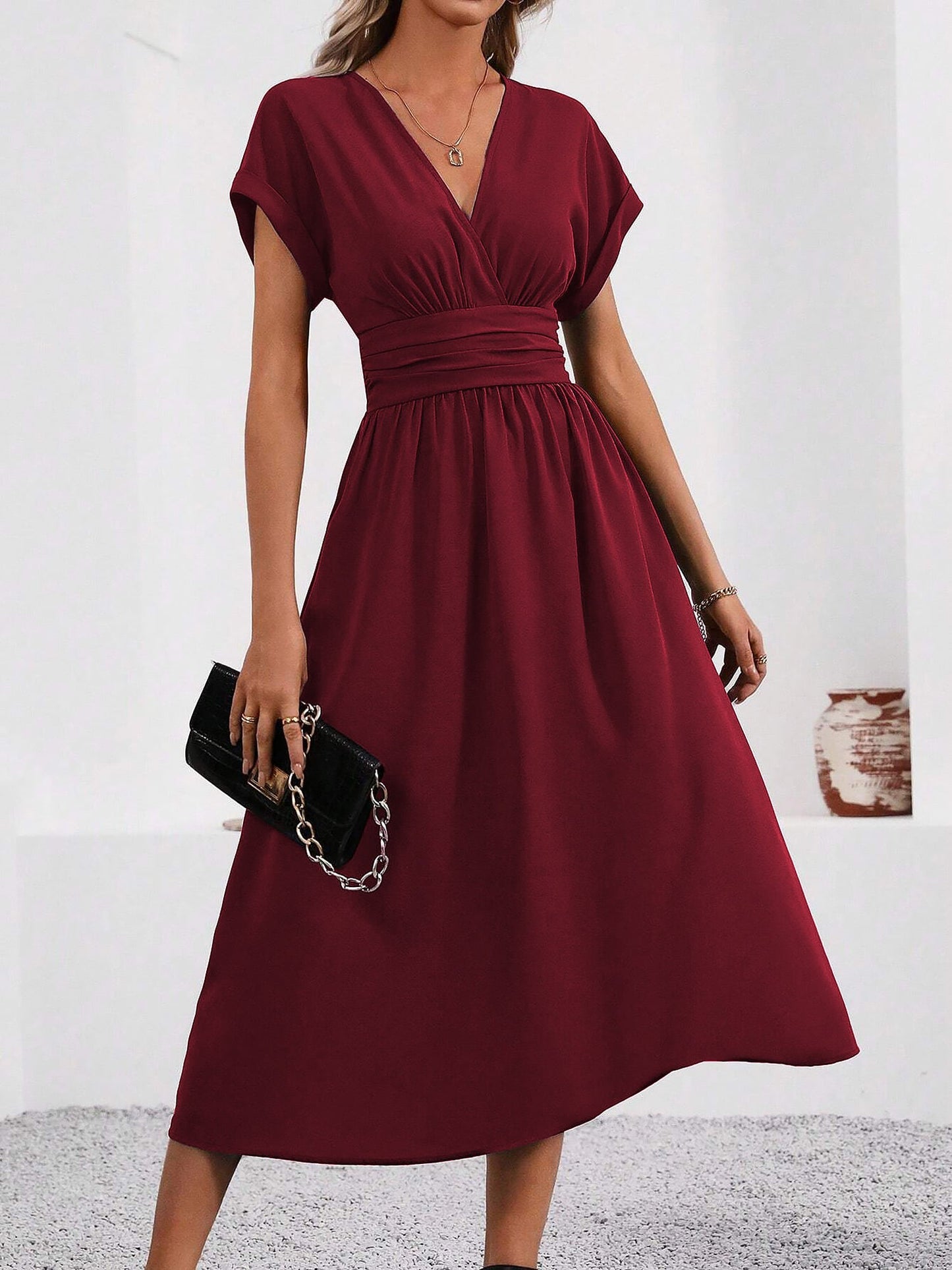 V Neck Short Sleeves Ruched Smocked A-Line Midi Dress